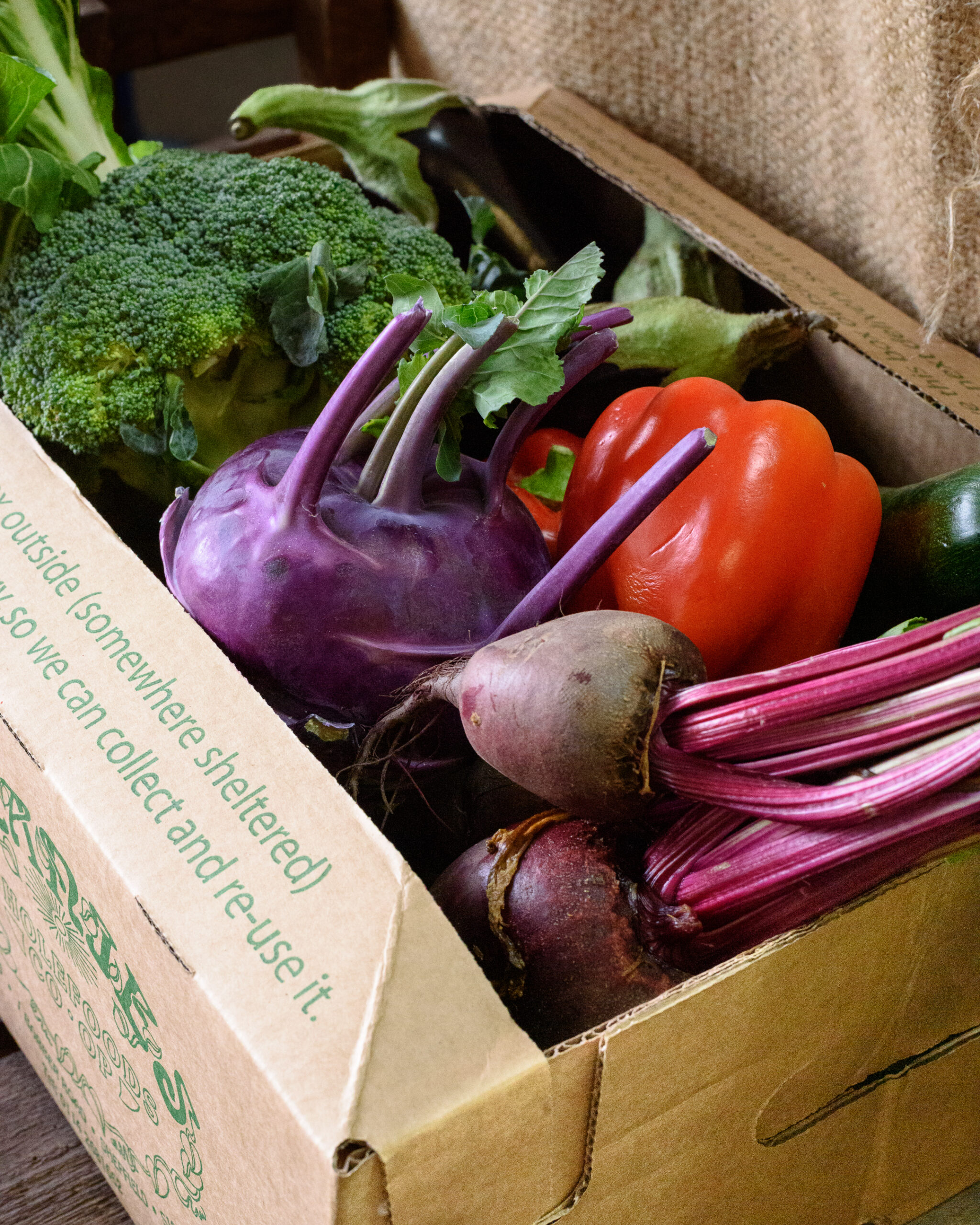 An organic veg box with beetroot and peppers